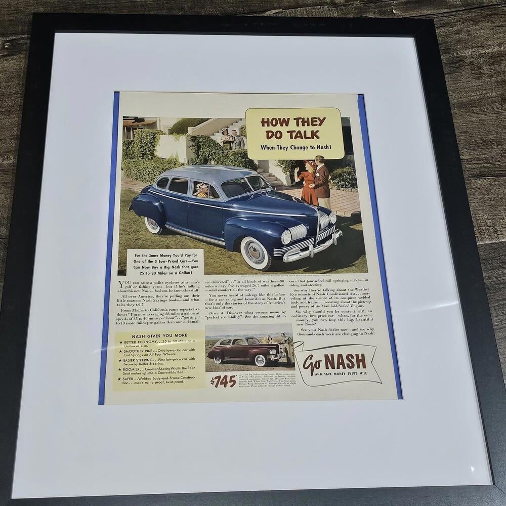 Vintage 1940s Nash Motors Framed Ad  “How They Do Talk”  Classic Nash Sedan